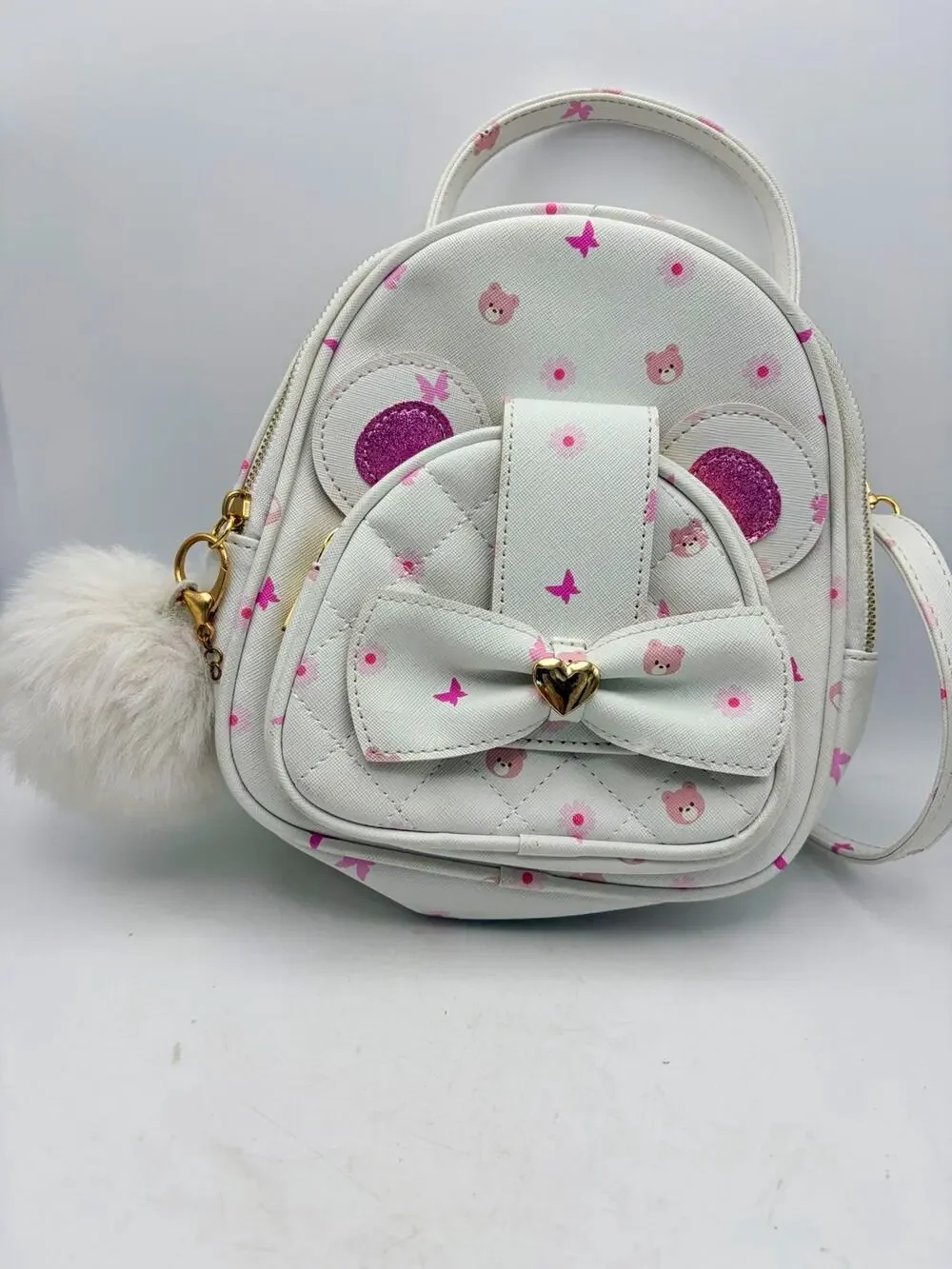 UNDER ONE SKY Mini Backpack Purse White Pink Bear Print Bow Bag Charm